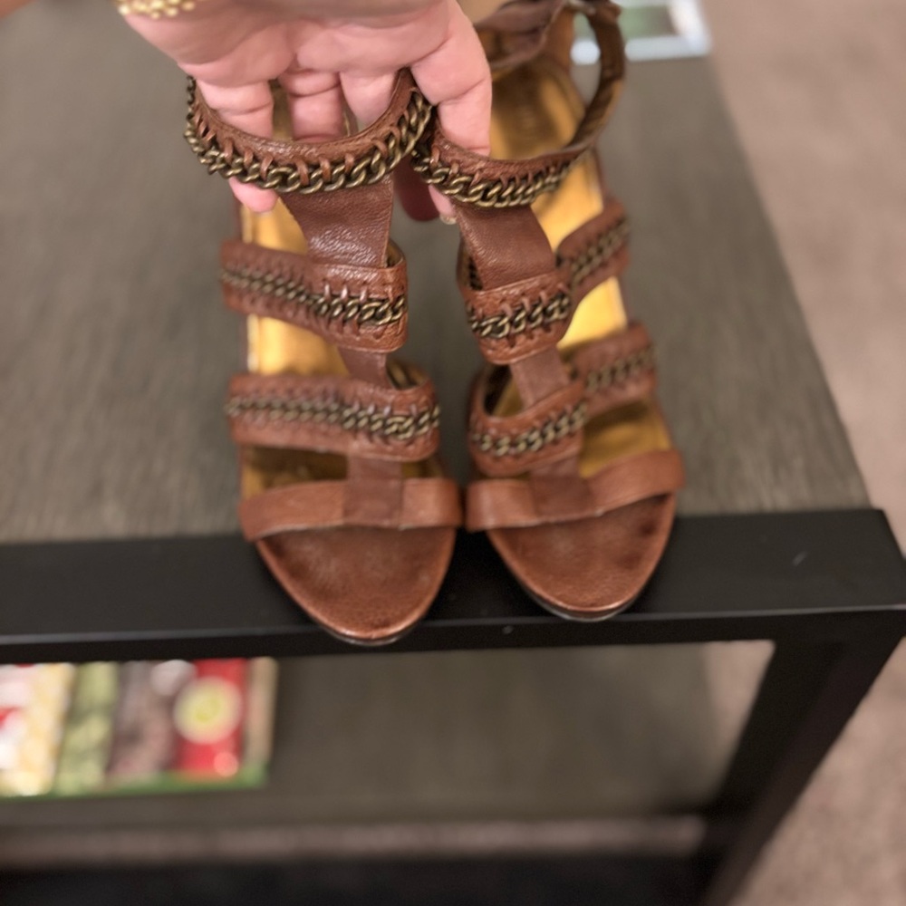 Chain-Embellished Brown Sandals